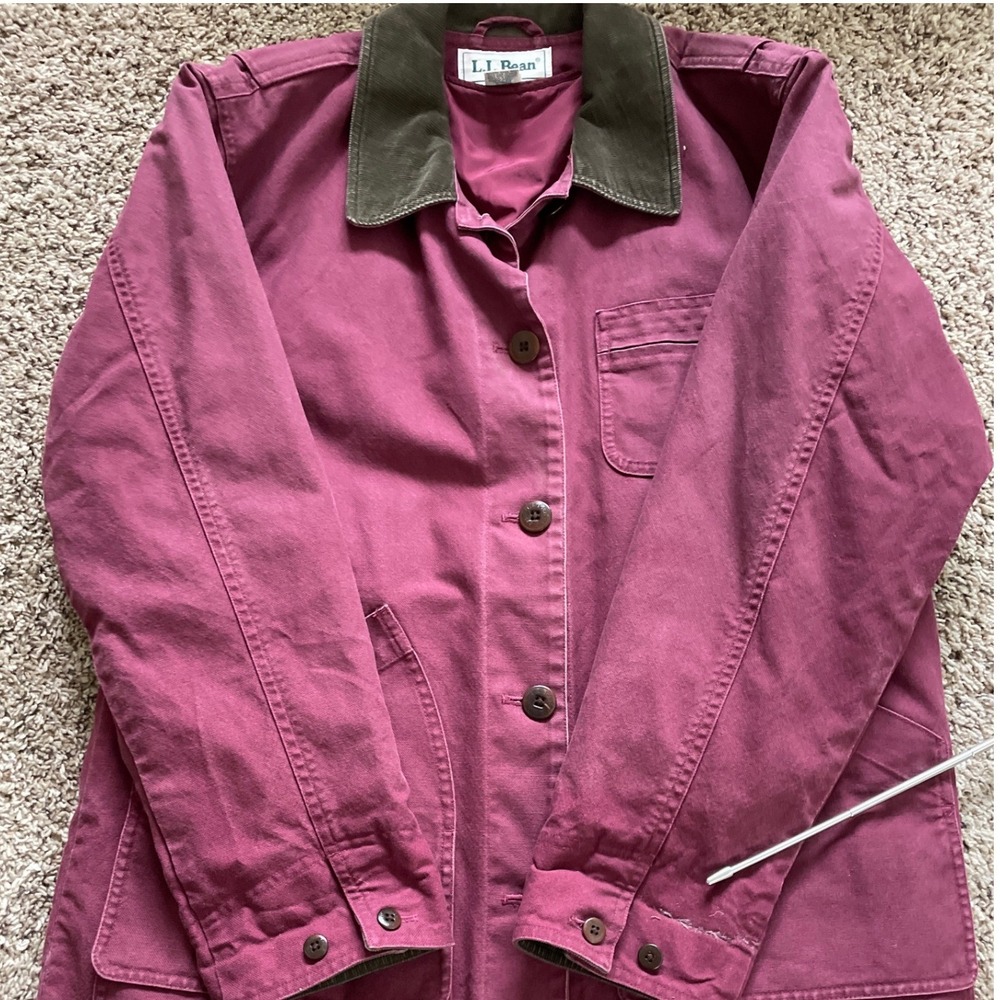 LL Bean Womens Burgundy Cotton Canvas Barn Coat Corduroy Collar Jacket Medium - Picture 10 of 16